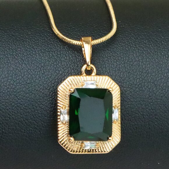 "Green Emerald Cut Pendant with Textured Gold Plated Frame, XPPT1783 - Picture 1 of 13